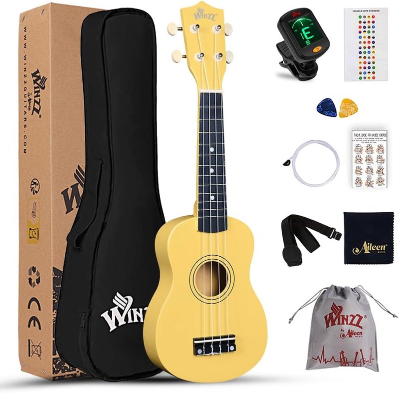 Winzz Soprano Ukulele Starter Kit For Beginners with Bag, Clip-On Tuner, Extra Strings, Strap, Plectrum, Fret Stickers, Chords Card, Polishing Cloth, Baby Yellow - Image 1